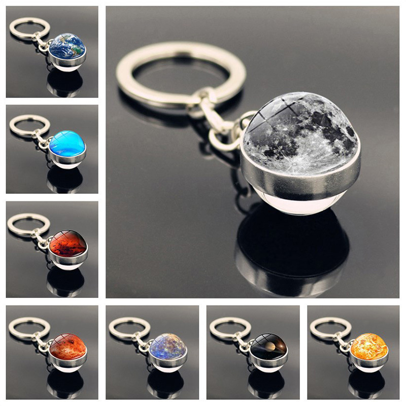 Solar System Galaxy Nebula Double-Sided Glass Ball Keychain Moon Earth Mars Pendant Keychain Jewelry Wholesale
