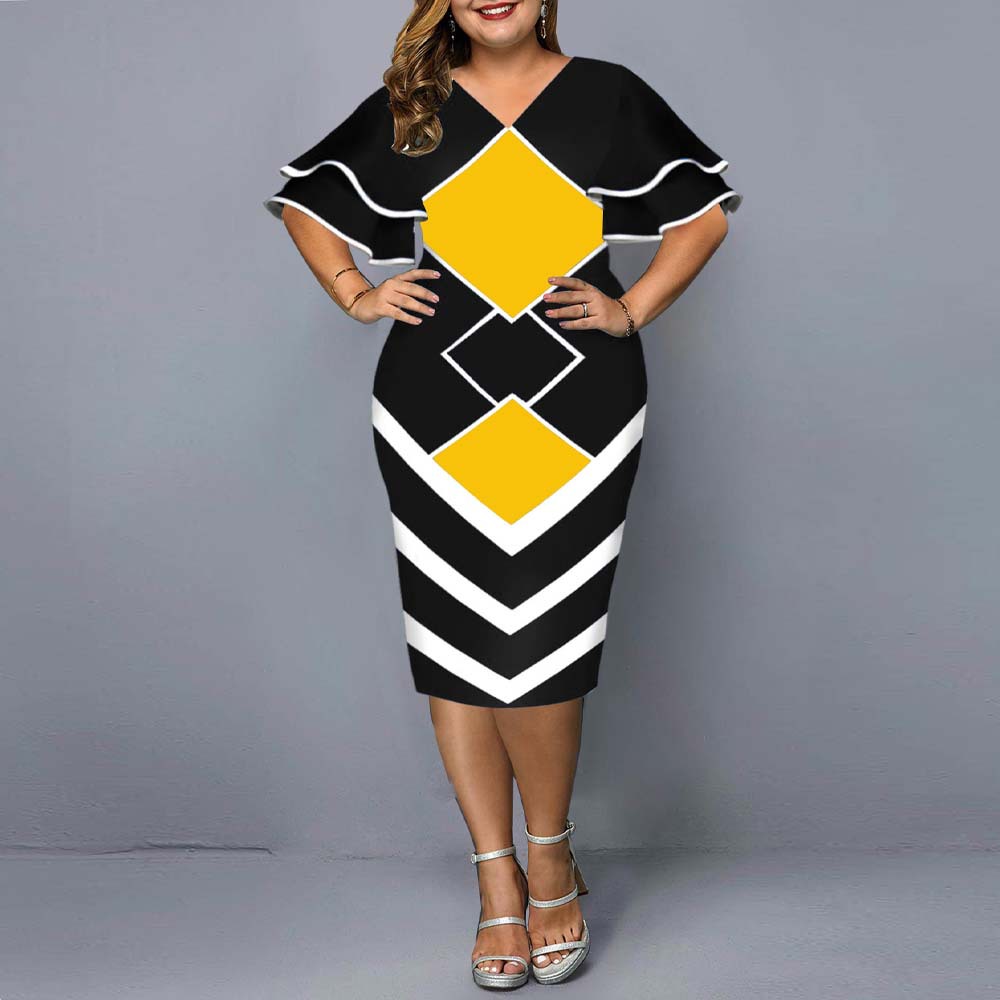 Hip Skirt Fashion V Neck Patchwork Long Sleeve Geometric Midi Dress Daily display picture 10