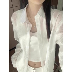 女性のための薄い白い日焼け止めシャツ 2025 夏の新しいリネン気質綿とリネンのシャツジャケットミッドレングストップ