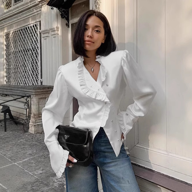 French Court-Style Ruffled Satin Shirt 2026 Spring Elegant Inner Wear Waist-Cinching White Lace Top Women's Clothing