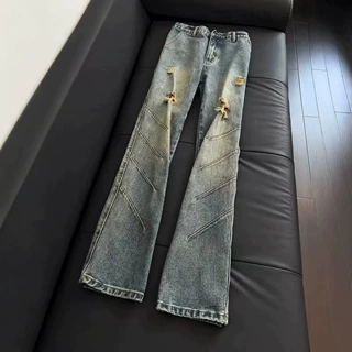 2026高街水洗渐变牛仔裤男美式切割直筒裤弯刀微喇裤子潮一件代发