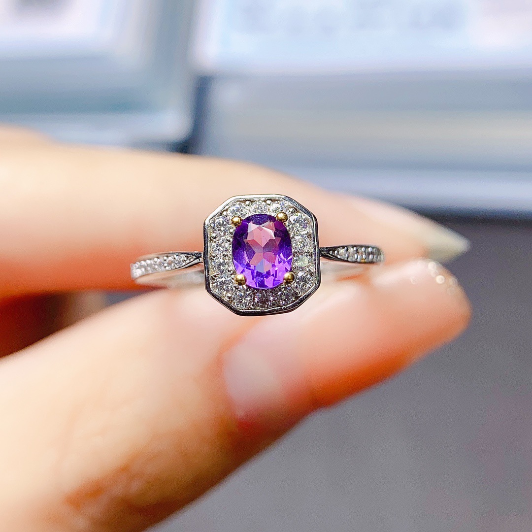 工厂批发爆款天然紫水晶戒指S925银镶嵌主石4*5热销欧美一件代发
