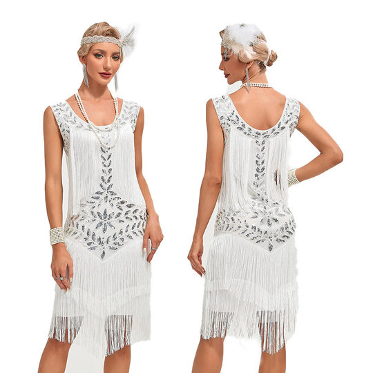 European and American 1920 vintage Gatsby ball gown dance skirt round neck sequined beaded embroidered tassel vest plus size dress