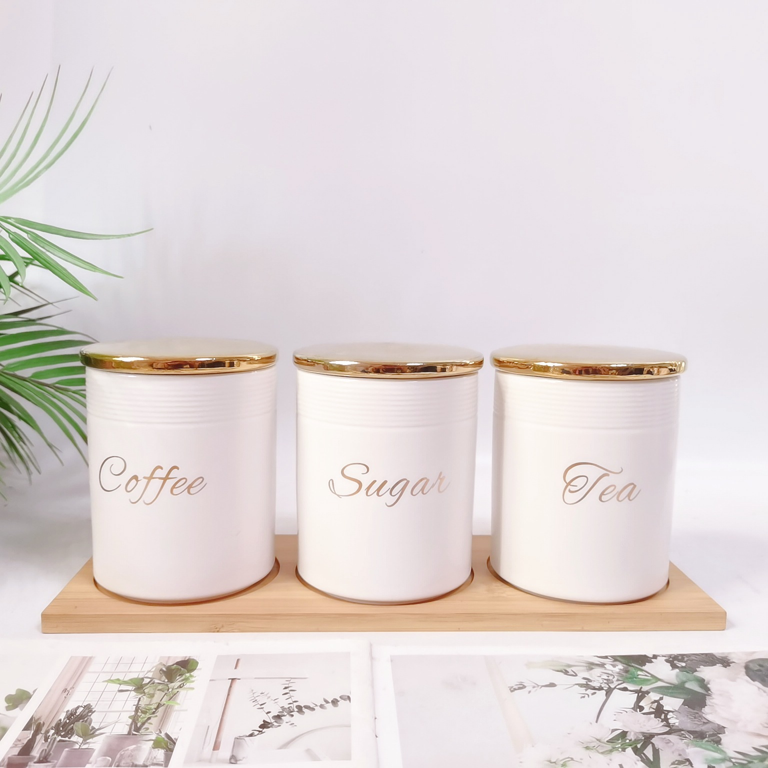 Comercio exterior transfronterizo Oriente Medio Exportar tarro sellado de cerámica con tapa de madera tarro de almacenamiento condimento de cocina tarro de té de café tarro