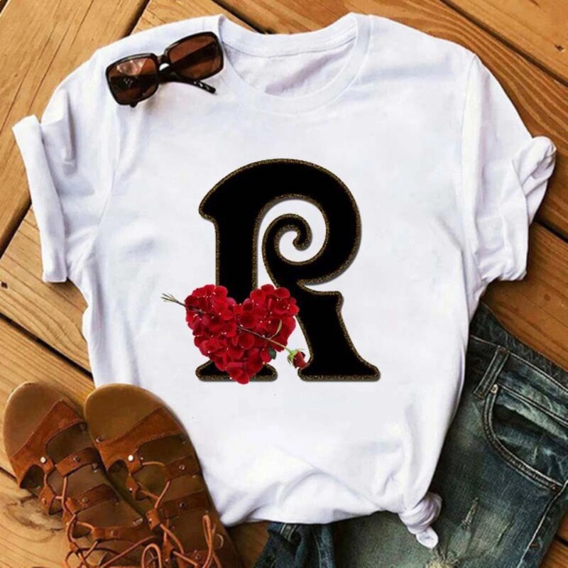 Rose Abc Alphabet Graphic Print White Tee Women Casual Loose