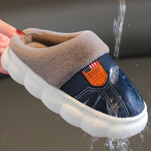 Children's Cotton Slippers PU Waterproof Soft Sole Anti-Slip Fleece Thickening Parent-Child Adult Couple Home Winter Warmth