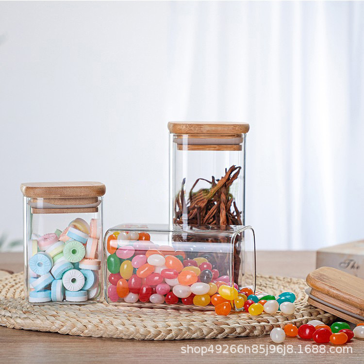 Tanque sellado de vidrio con alto contenido de borosilicato cuadrado, botella de almacenamiento, condimento de almacenamiento de granos, tapa de bambú, frasco de vidrio a prueba de humedad, frasco de té de flores