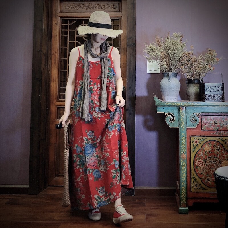 Nostalgic Vintage Floral Loose Dress Travel Outfit Chinese Style Artistic Suspender Dress 1620