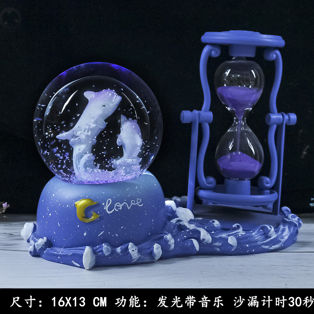 Reloj de Arena Delfín Creativo con Bola de Cristal, Caja Musical Luminosa, Decoración para Escritorio y Regalo