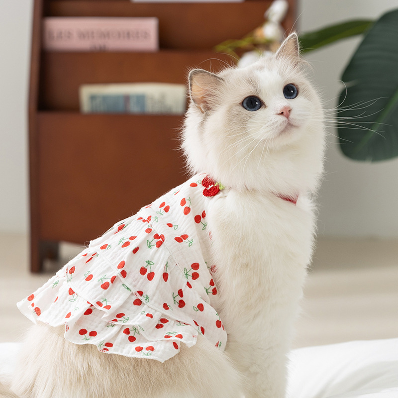 Gato primavera verano cereza dulce vestido gasa transpirable perro cabestrillo ropa de gato Teddy mascota falda de perro