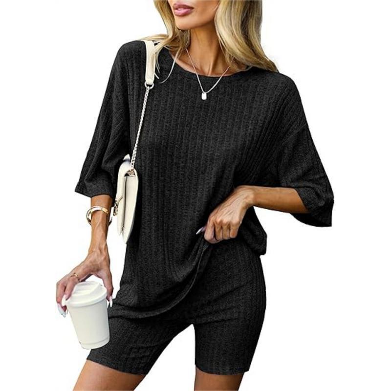 2025 New Cross-Border Dropshipping Women's Ribbed Knitted Matching Shirt Motorcycle Shorts Home Wear