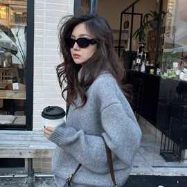 设计感宽松小众Polo领套头慵懒风灰色毛衣女高领秋冬季新款针织衫