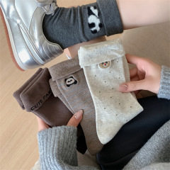秋冬款翻边袜子女中筒ins潮可爱熊头刺绣纯棉堆堆袜无骨百搭女袜