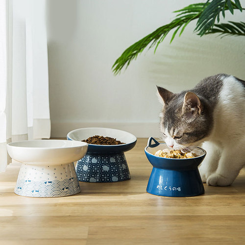 Japanese style ceramic cat bowl double bowl food bowl dog bowl cat drinking bowl slant mouth rice bowl cat drinking pet supplies