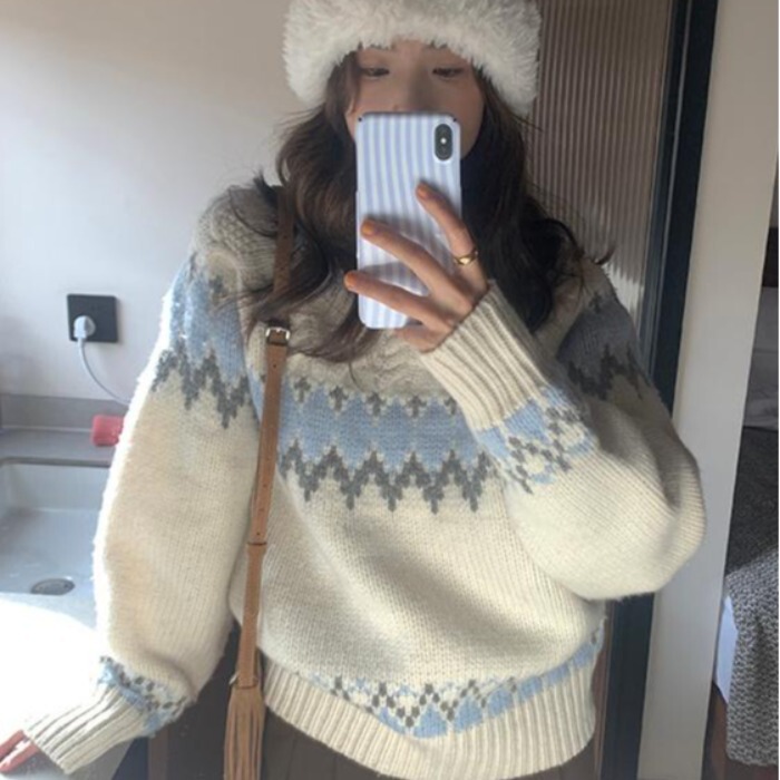 Christmas Nordic Painter Wool Color-Block Sweater for Women, Autumn and Winter New Style, Lazy Design, Versatile and Slimming Top