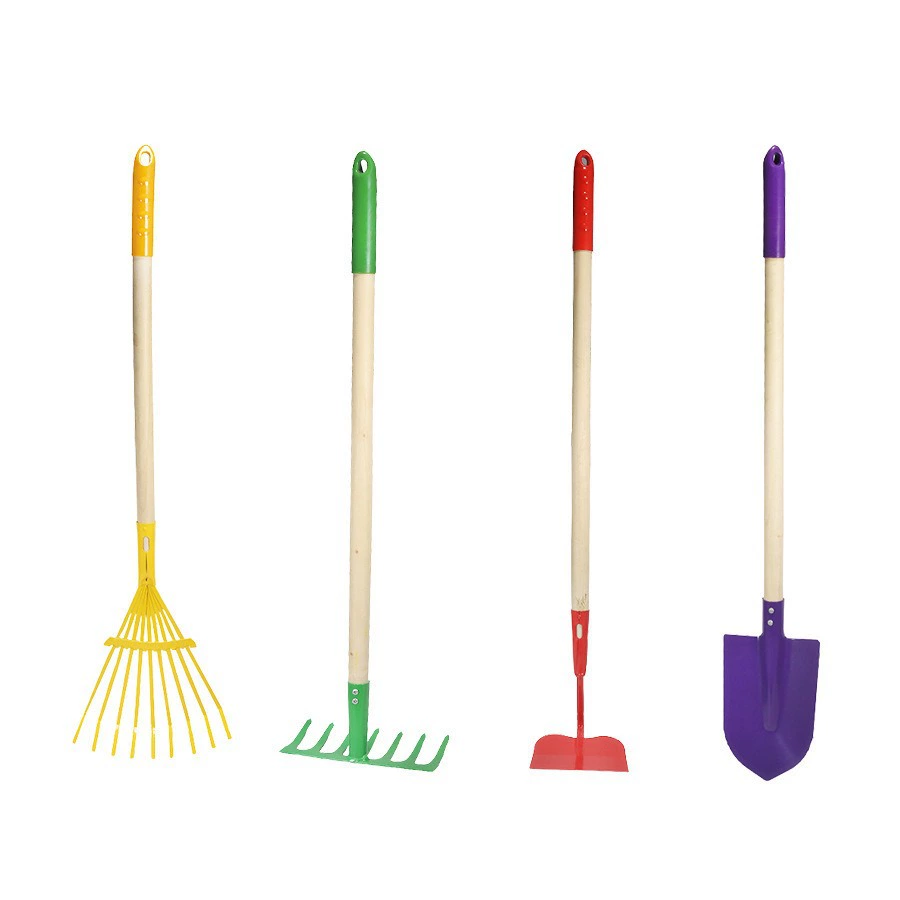 Набор детских садовых инструментов: большая пляжная лопата, маленькая железная лопата, грабли, мотыга для цветов