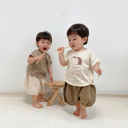 Summer thin men and women baby short-sleeved T-shirt top infant loose shorts pants Korean style ins children's clothing set 
