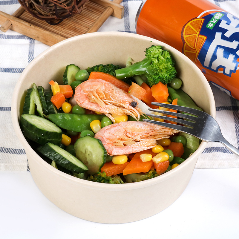 Tazón de papel Kraft desechable al por mayor caja de almuerzo de embalaje para llevar caja de embalaje redonda tazón de papel ensaladera engrosada