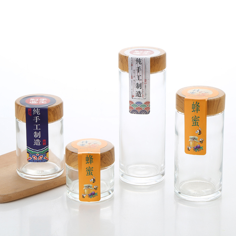 蜂蜜瓶子一斤裝圓形加厚玻璃木紋蓋蜂蜜瓶500g密封儲物罐蜜糖罐子