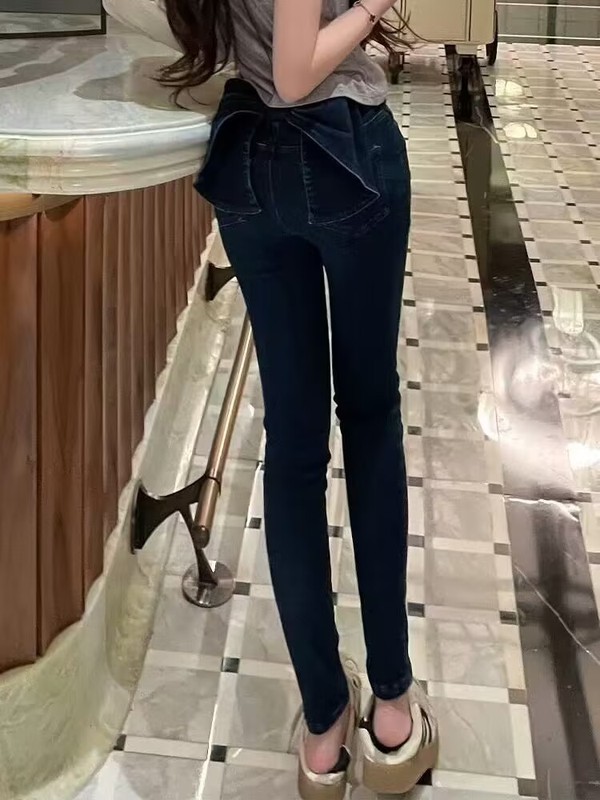 自带丰胯垫牛仔裤女2025秋季手工立体蝴蝶结高弹性与贴合度牛仔裤|undefined