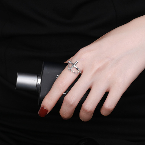 Yunchaoxuan S925 sterling silver Japanese version trendy fashion cross splicing chain index finger ring open ring for men and women