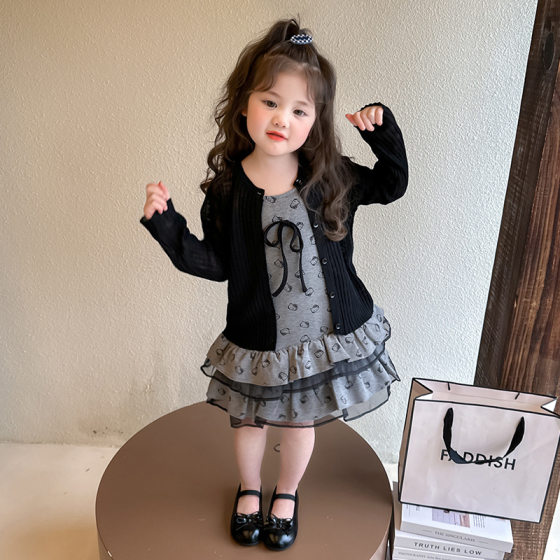 Girls' dress suit 2025 New Summer Western Style Children's Cute Cartoon Slip Skirt Two-piece Fashionable Skirt
