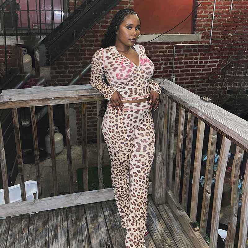 Cross-Border European And American Style 2024 Summer New Printed Hooded Cardigan Top Leopard Print High Waist Tight Long_ecoleips.com