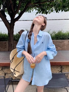 Designed embroidered thin slightly see-through lapel sunscreen shirt for women summer 2025 new loose casual versatile top