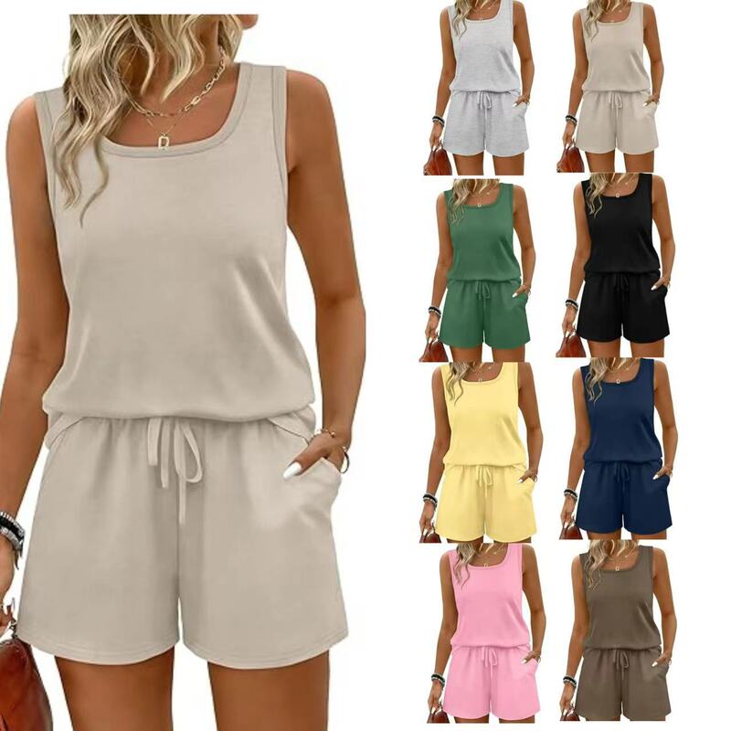 Amazon European and American Cross-Border Women's Summer Casual Shorts Set Tank Top Square Neck Sleeveless Sportswear with Pockets Amazon European and American Cross-Border Women's Summer Casual Shorts Set Tank Top Square Neck Sleeveless Sportswear with Pockets