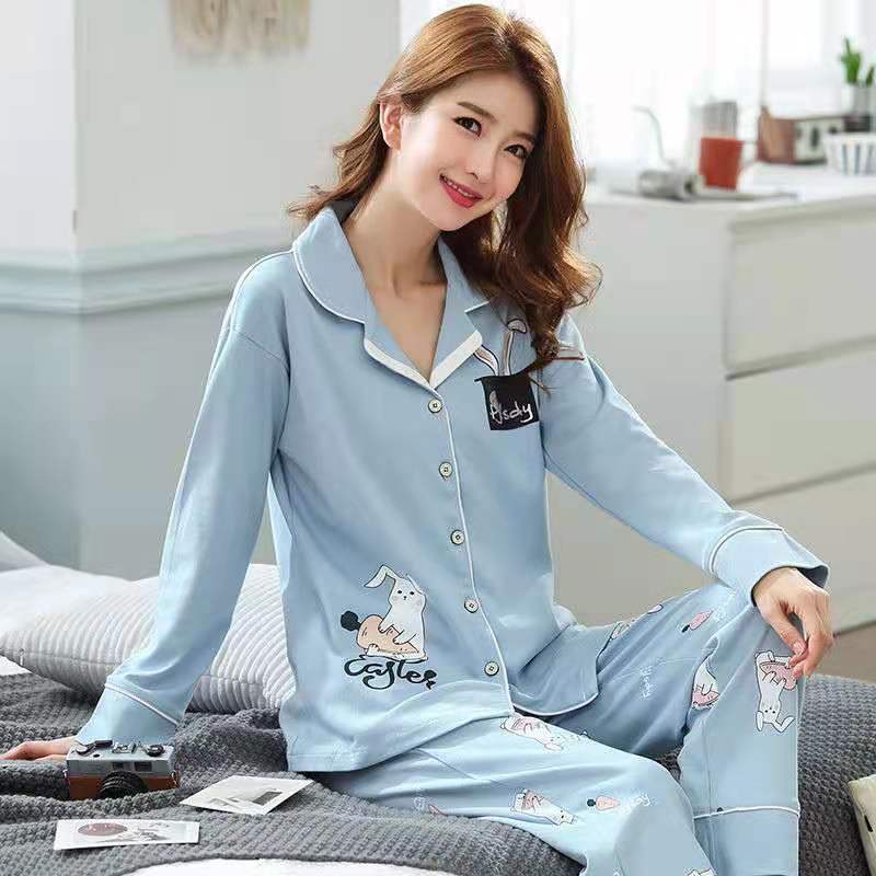100% pijamas de algodón de las mujeres de manga larga de primavera y otoño dulce lindo flojo desgaste del hogar al aire libre traje de ropa de confinamiento