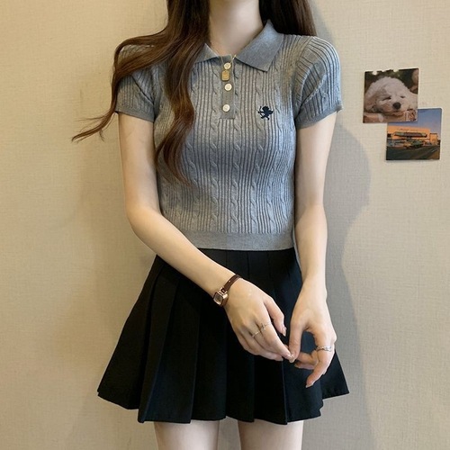 Stylish Sweet and Spicy Summer French Minority Fashion Polo Collar Knit Top Short Sleeve T-Shirt for Women Short Style Slimming Upper Body