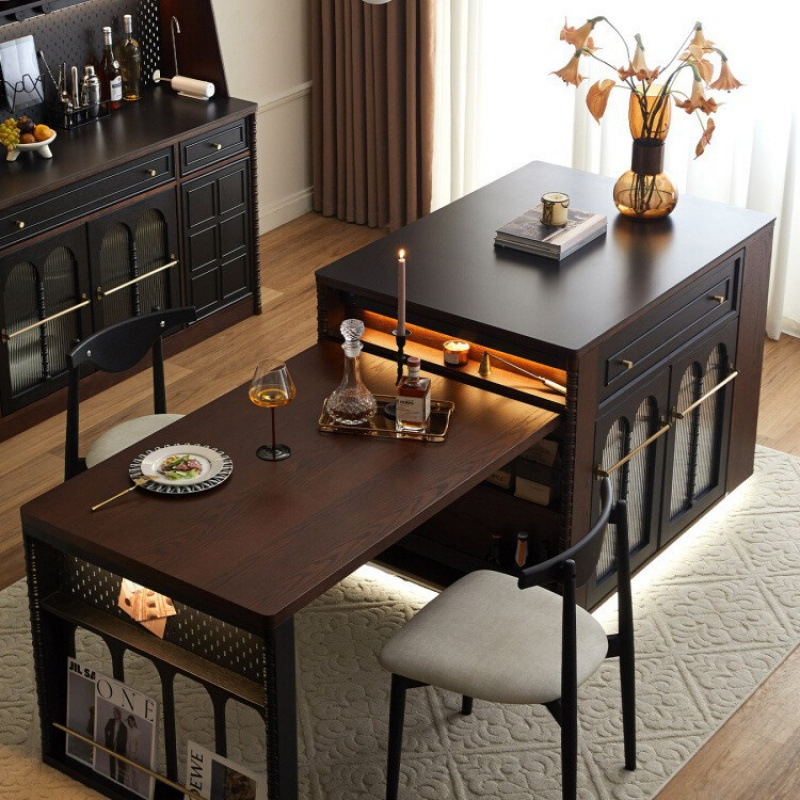 American Retro Solid Wood Island Table Dining Table Integrated Home Small Apartment Retractable Multi-Functional French Mid-Century Style Bar Table