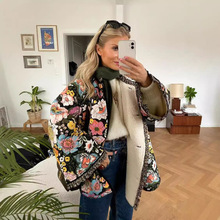 2024欧美跨境新款秋冬印花仿羊绒棉衣舒适休闲喇叭袖宽松女式棉衣