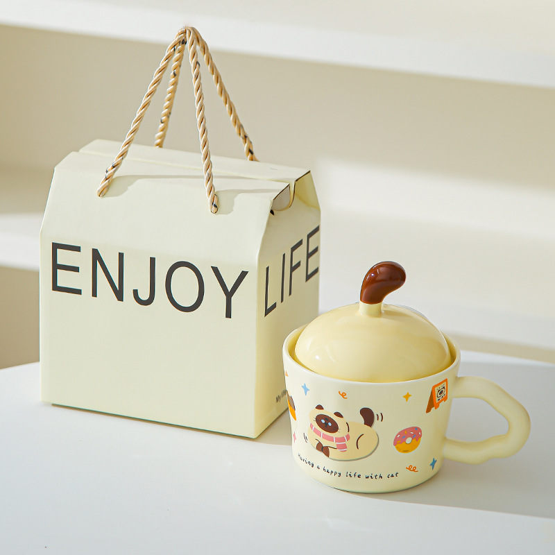 Divertido gato de dibujos animados tazas con cubierta de oficina adorable ins tazas de cerámica tazas de regalo creativas personales