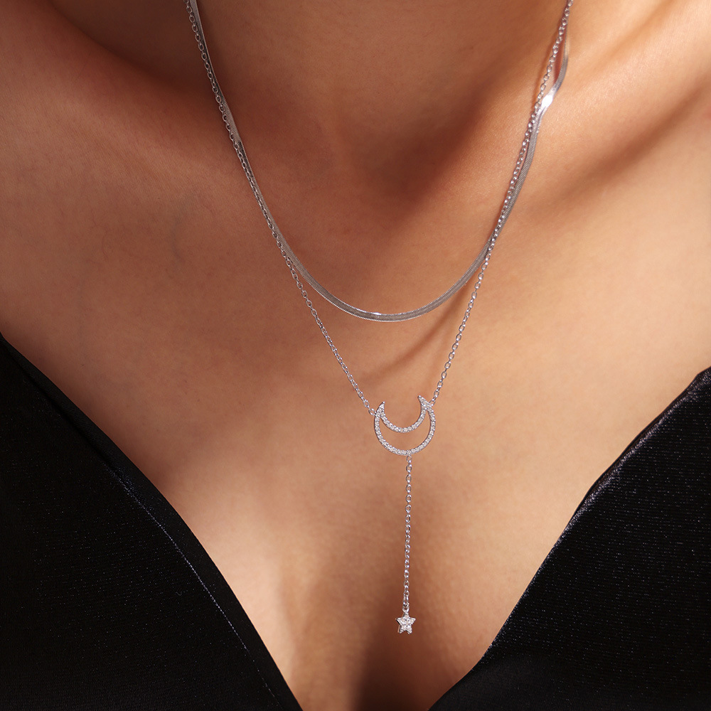 Square Sugar Starry Moon Set With Zircon Tassel Double Layered Clavicle Necklace, Feminine Style Bracelet, Titanium Steel Minimalist Set_voghion.com