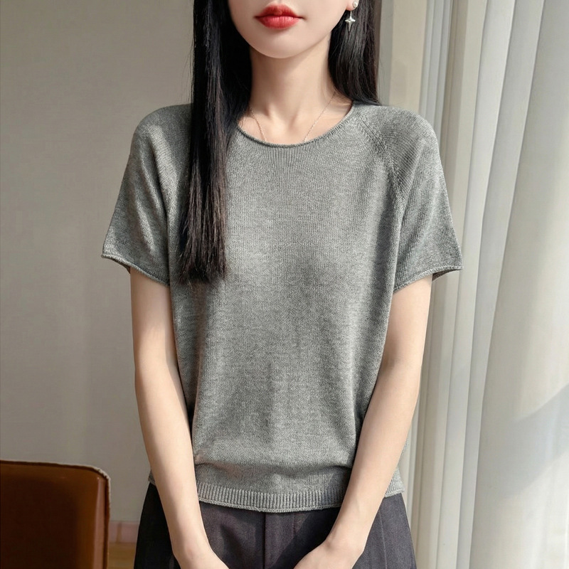 Tencel Ramie Summer New Style Round Neck Seamless Knit T-Shirt for Women, Loose Rolled Edge Thin Short-Sleeve Summer Plus-Size Top Tencel Ramie Summer New Style Round Neck Seamless Knit T-Shirt for Women, Loose Rolled Edge Thin Short-Sleeve Summer Plus-Size Top