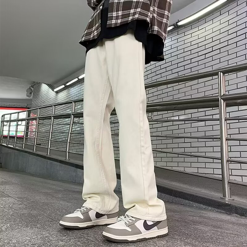 白色美式微喇牛仔裤男秋季新款显高显瘦男生窄版修身高街弯刀裤子|undefined