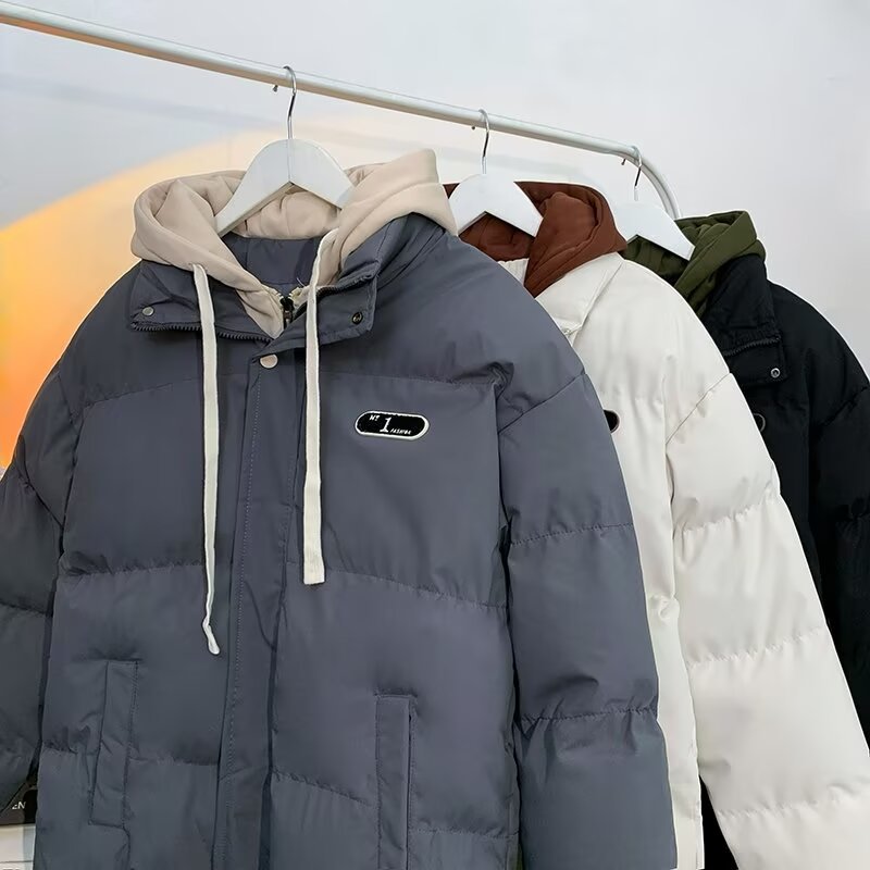 NASA 가짜 투피스 컬러 매칭 남성면 패딩 재킷 겨울 2024 새로운 후드 패딩 코트 겨울 다운 재킷