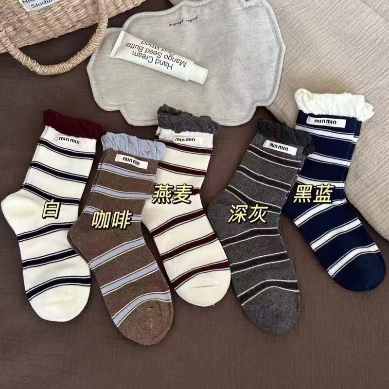 韩系泡泡口条纹秋冬袜子女中筒复古百搭布标罗口拼色堆堆袜学院风|undefined