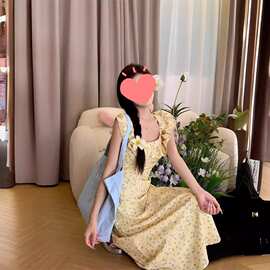 法式少女碎花中长款荷叶边裙女时尚清新夏季度假花边吊带连衣裙子