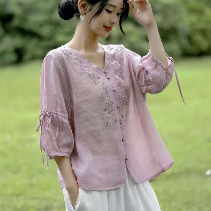 New Chinese-Style Embroidered Ramie Mid-Sleeve Shirt 2026 Vintage V-Neck Single-Breasted Tie-Sleeve Versatile Top for Women