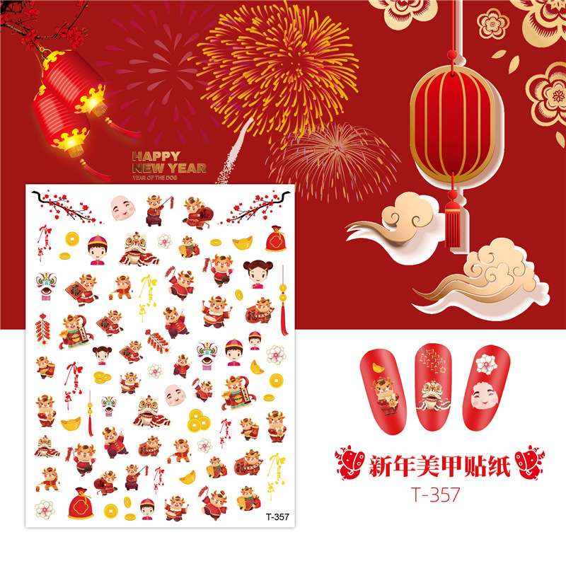 2021 manicura pegatinas de año nuevo gato afortunado fortuna pegatinas de uñas festivo estilo chino calcomanías de uñas Rojas netas