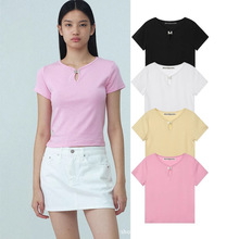 韩版RR莫代尔镂空短袖修身T恤2025夏季新款小个子显瘦洋气RR纽扣
