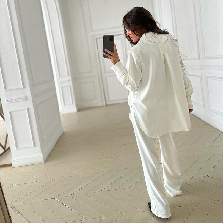 GraceChic Hochwertiger Damenanzug Herbst 2024: Lässiges, asymmetrisches Blazer-Jackett und weite Hose, zweiteiliges Set_voghion.com