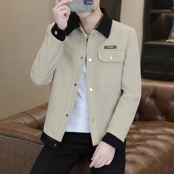 Men's Lapel Jacket Coat Spring and Autumn 2024 New High-end Korean Casual Men's Color-block Short Small Windbreaker