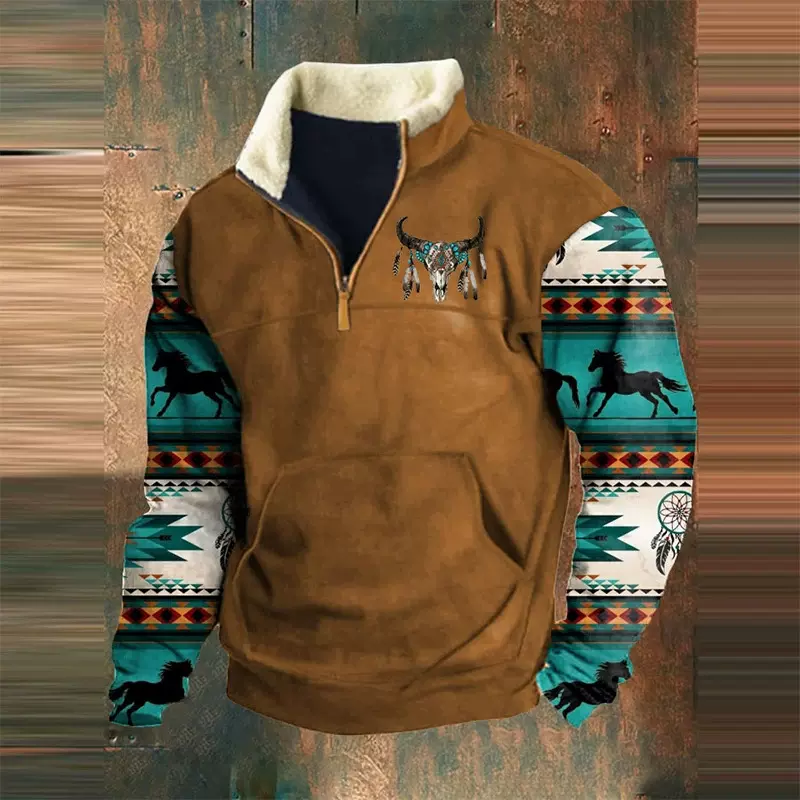 外贸欧美新款男装加绒卫衣立领复古3D印花秋冬卫衣一件直发285