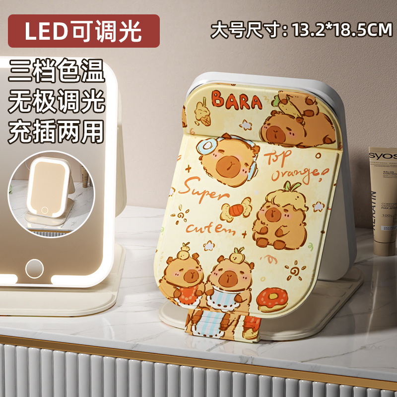 Espejo de maquillaje plegable portátil lindo con lámpara led escritorio de escritorio para estudiantes de escritorio dormitorio dibujos animados espejo doméstico
