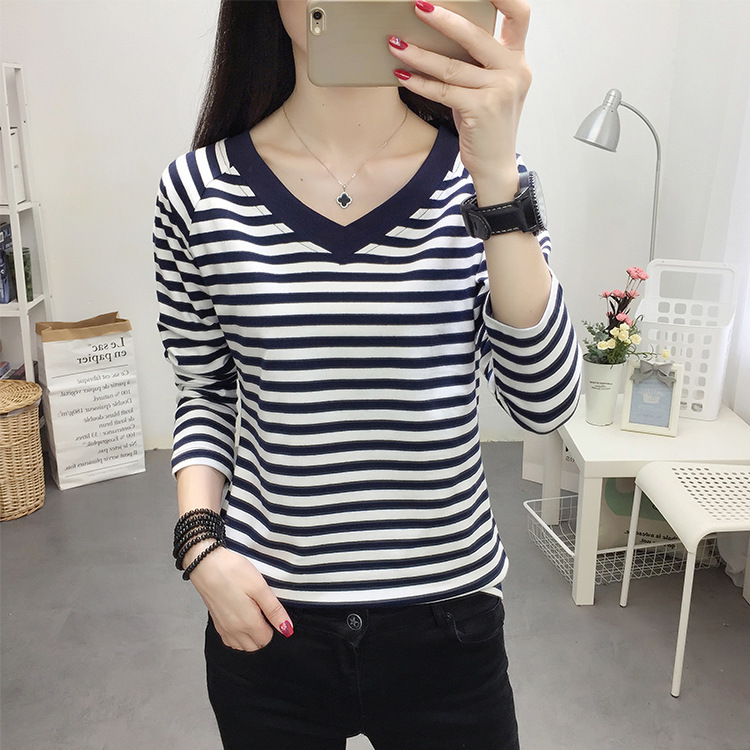 100kg Plus Size Pure Cotton V Neck Long-Sleeved T-Shirt for Women 2023 Autum Loose Large Size Bottoming Shirt Ins Top for Women Stripesd