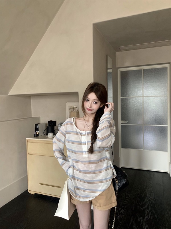 韩系慵懒条纹薄款微透长袖T恤女早秋防晒罩衫设计感宽松休闲上衣|undefined
