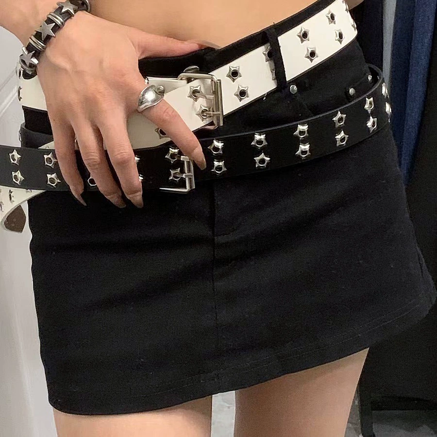 Новый стиль звезды воздушная глазная декоративная двухрядная отверстие широкий пояс модная игольчатая пряжка дикий панк-ветер ремень женский спот оптом